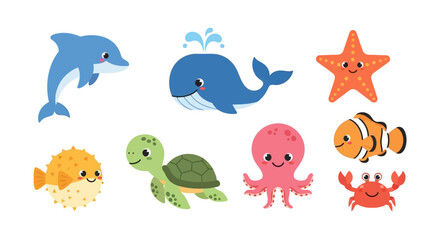 Naklejka premium Cute cartoon sea animals vector set