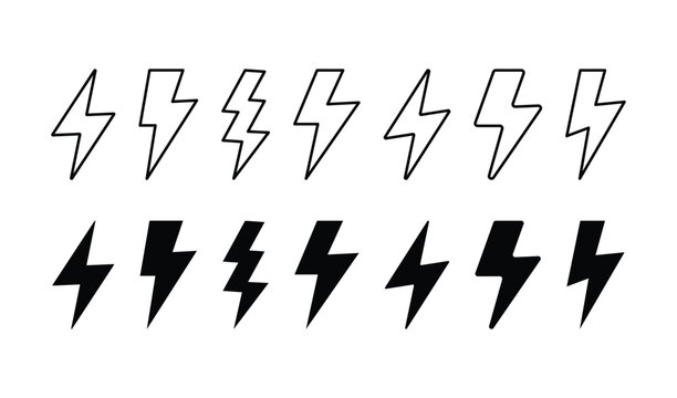 Lightning Bolt and Flash Icon Set. Electric Power, Fast Charging, and Storm Weather Symbols in Outline and Solid Filled Styles for EV Stations, Gaming Energy concept