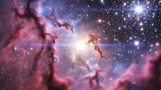 Deep space nebula with vibrant pink dust clouds and glowing star clusters in the universe