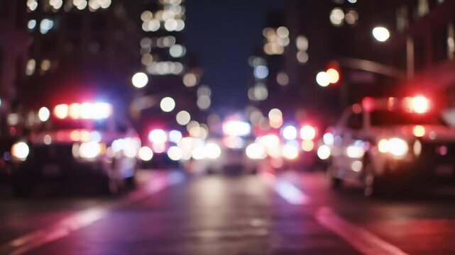 Defocused police car lights flashing in vibrant colors against a dark urban night background
