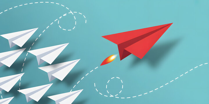 Single red paper plane flying faster than white paper planes on blue background innovation.