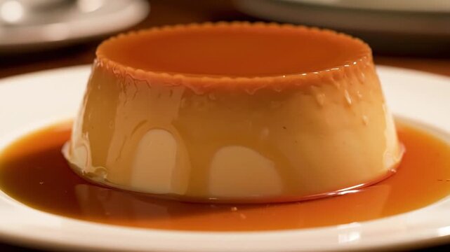 Delicious caramel custard pudding wobbling on a white plate with sweet syrup pooling at the base