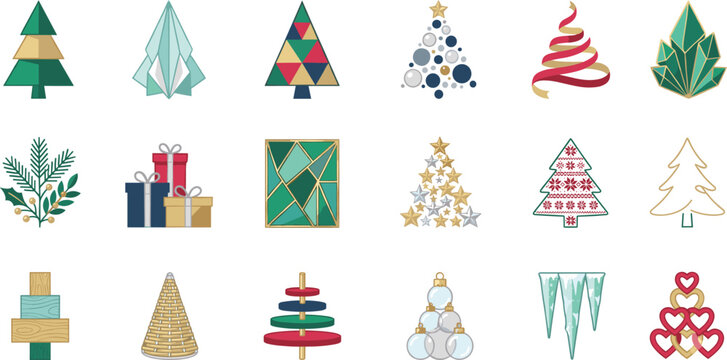 Creative Christmas elements vector set featuring modern holiday trees ornaments gifts and winter decorations