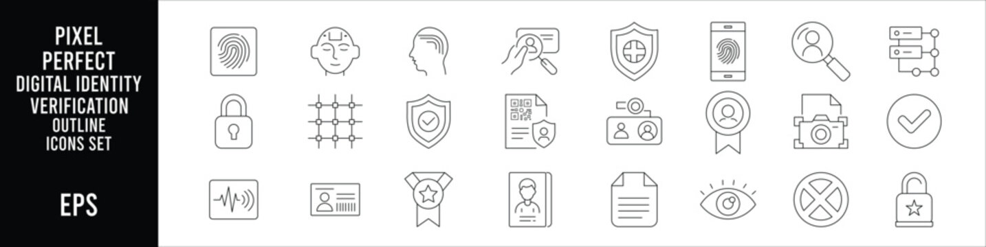 Minimal black and white digital identity verification outline icon set editable stroke pixel perfect monoline vector collection for secure authentication technology design