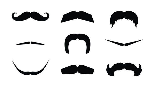 Various styles of black silhouette mustache and beard designs on transparent background