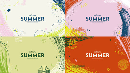 Vector illustration. Bright panoramic background. Paint brush strokes, hand drawn doodle elements and halftone dots. Trendy abstract design for presentation, horizontal web banner in childish style © VVadi4ka