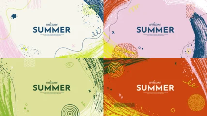 Vector illustration. Bright panoramic background. Paint brush strokes, hand drawn doodle elements and halftone dots. Trendy abstract design for presentation, horizontal web banner in childish style © VVadi4ka