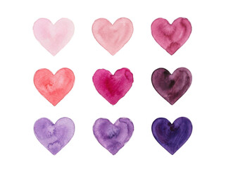 Fototapeta premium Watercolor heart set in various colors isolated on transparent background