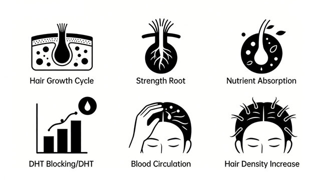 The complete display of scalp hair follicle circulation line icons represents the concept of hair follicle rejuvenation, strong hair roots, and nutrient penetration prevention and hair care.
