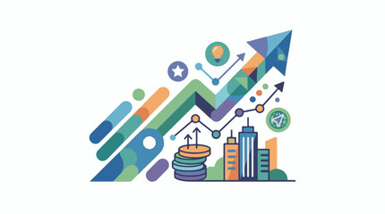 Fototapeta premium Stylized financial growth chart with coins and buildings