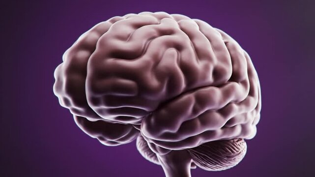 Detailed human brain model rotating slowly on a purple background for neurology and science