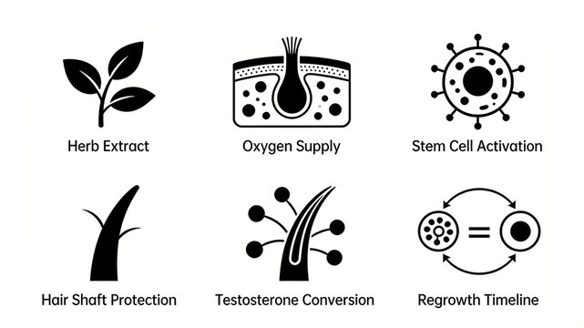 The flat icon of herbal stem cell hair care is neatly arranged, representing the concepts of plant extract nourishment, oxygen supply to hair roots, and stem cell promotion of hair regeneration.
