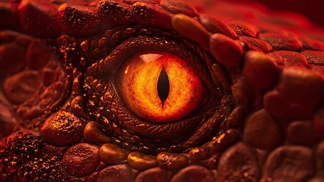 Close-up of a fierce reptile eye with vibrant orange tones.