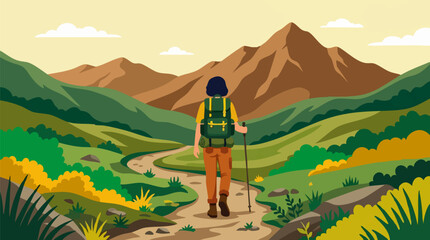 Hiker Walking on a Trail in a Green Mountain Valley Landscape Illustration © CURVARA