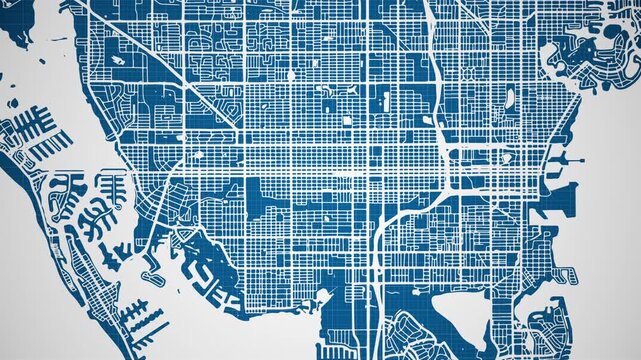 Ink reveal animation of St. Petersburg city, Florida (FL), United States of America, grid map. Aerial top view. Blueprint style. White lines with blue background. 4K Seamless loop.