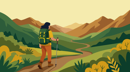 Woman trekking with backpack through a scenic mountain valley © CURVARA