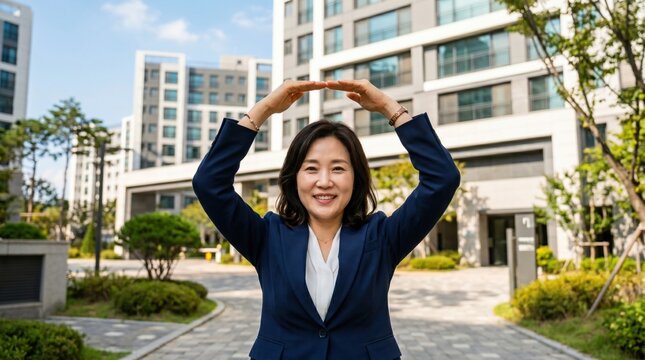 This is a female real estate agent standing in front of an apartment building.
