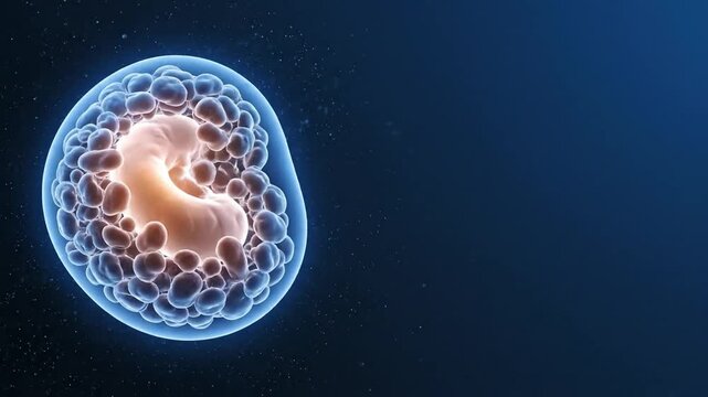 Developing human embryo blastocyst pulsating on a dark blue background with copy space