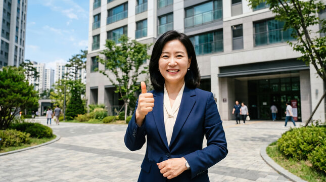 This is a female real estate agent standing in front of an apartment building.