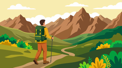 Man hiking on a mountain trail with a backpack, scenic landscape view © CURVARA