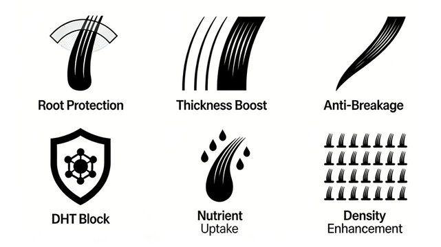 The combination of vector icons for hair root protection and dense hair care represents the concepts of hair root barrier, thickened hair, and hair loss prevention against DHT.
