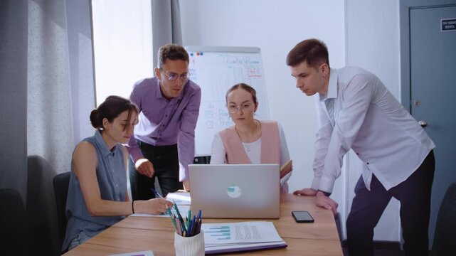 Coworkers debate ideas and analyze challenges during a professional meeting. The scene represents decision-making, negotiation, teamwork, and strategic planning