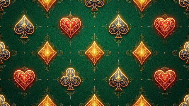 Ornate playing card suits pattern on a rich green background with golden details.