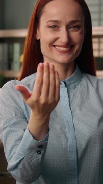 Happy Caucasian business woman pointing finger at camera inviting you in office smiling female HR manager welcome gesture recruitment businesswoman girl calling come here hiring job opportunity indoor