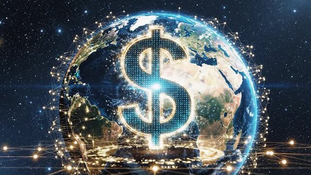 Digital dollar sign on earth globe with glowing network lines representing international economy