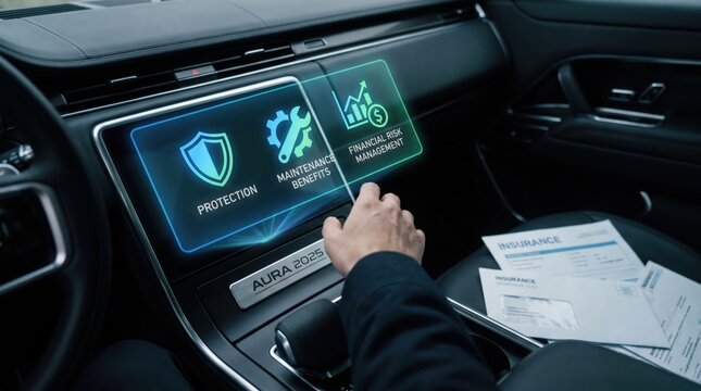 Futuristic Vehicle Dashboard with Blue Green Holographic Insurance Protection Interface, Auto Maintenance Benefits and Financial Risk Management Technology Concepts