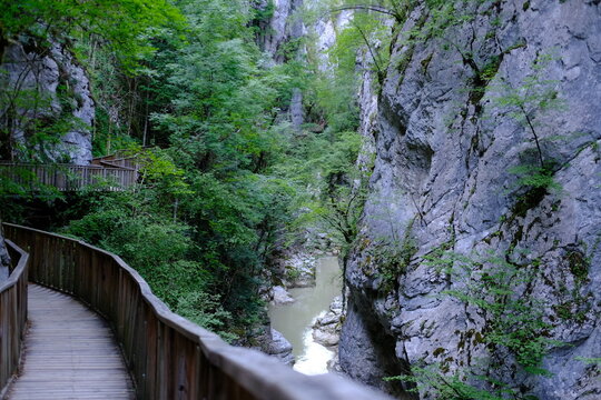 Wooden walkway path through narrow rocky canyon gorge with greenery
