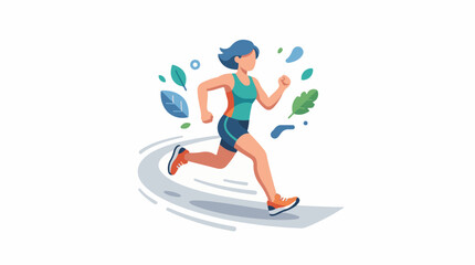 Obraz premium Woman running outdoors with stylized leaves and abstract shapes