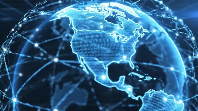 Digital holographic Earth rotating with global network connections and blue grid background