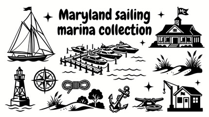 maryland sailing destinations featuring elegant sailboats luxury marinas yacht clubs navigation buoys wooden docks harbor facilities and nautical equipment arranged as a premium commercial vector © samira