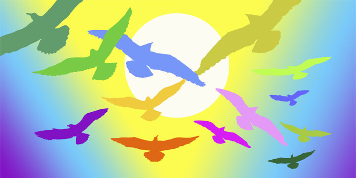 Flock of Colorful Birds Flying Across a Vibrant Rainbow Gradient Sky with Sun Vector Illustration