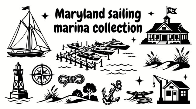 maryland sailing destinations featuring elegant sailboats luxury marinas yacht clubs navigation buoys wooden docks harbor facilities and nautical equipment arranged as a premium commercial vector