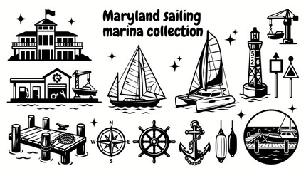 maryland sailing destinations featuring elegant sailboats luxury marinas yacht clubs navigation buoys wooden docks harbor facilities and nautical equipment arranged as a premium commercial vector © samira