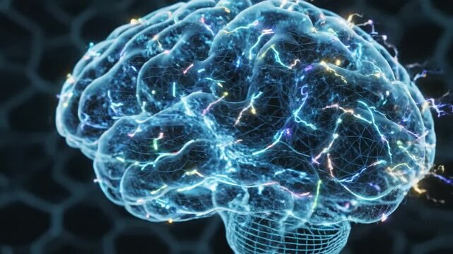 Digital human brain model showing neural network activity and electrical sparks in motion