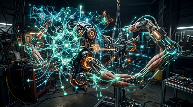 Cybernetic AI robot engineering and neural network interface background