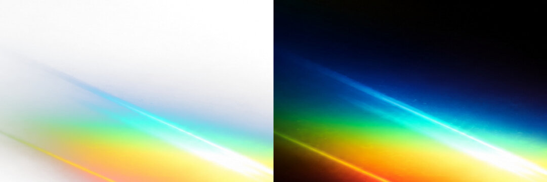 Soft crystal rainbow flare with holographic glow effect. Transparent prism light beams on gradient space. Abstract colorful overlay for digital art.