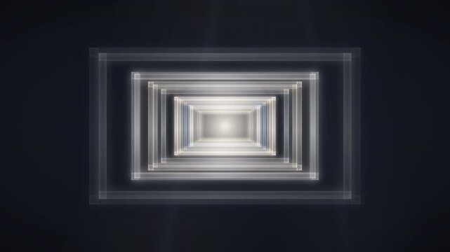 Abstract motion background featuring an infinite tunnel of glowing rectangular frames receding into a bright white light.