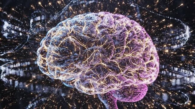 Digital human brain with glowing neural networks and binary data for artificial intelligence