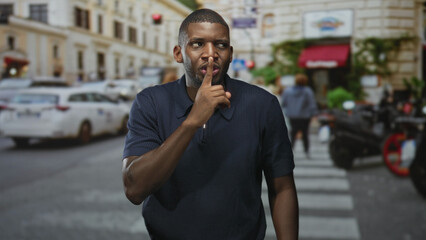 Fototapeta premium Man pressing index finger to lips for silence on a busy street crosswalk near cars and motorcycles; quiet secretive.