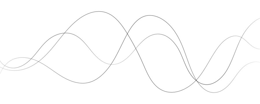 Three intersecting thin grey wavy lines forming smooth sinusoidal curves on a white background abstract