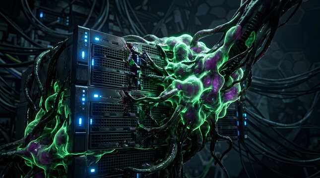 Cybersecurity malware threat background with infected server