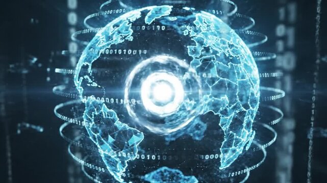 Digital planet earth globe rotating with binary code data and glowing network connections