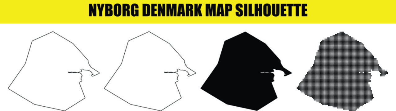 Nyborg denmark map silhouette collection including vector outline and dotted pattern graphics for region travel projects.