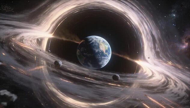 Black hole earth space galaxy orbit planet cosmic stellar vortex dark hole with cosmic light in space scene and ring around planet orbiting star in universe