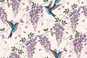 Fototapeta premium Seamless pattern featuring vibrant hummingbirds in flight and cascading purple wisteria flowers on a soft cream background, for textile print