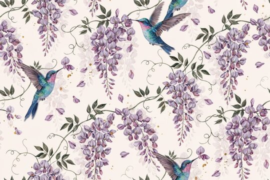 Seamless pattern featuring vibrant hummingbirds in flight and cascading purple wisteria flowers on a soft cream background, for textile print